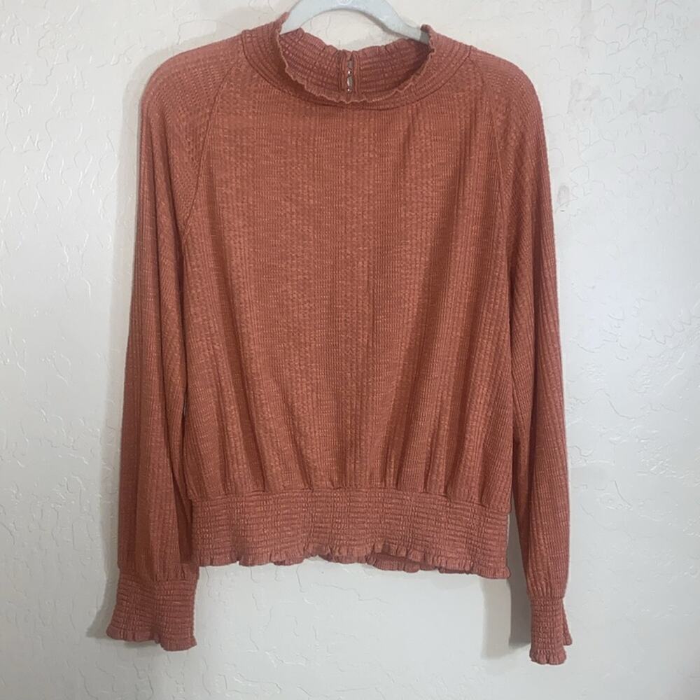 Free People Boulevard Ruffle long sleeve mock neck turtle neck Top in Coral - Picture 2 of 7